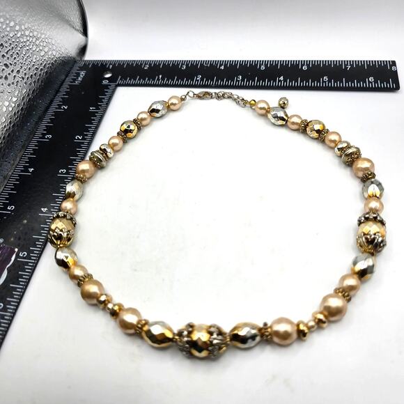 Necklace Vintage Pink Faceted Beads Gold Silver Tone Choker 17" SKU2385 - Picture 4 of 5
